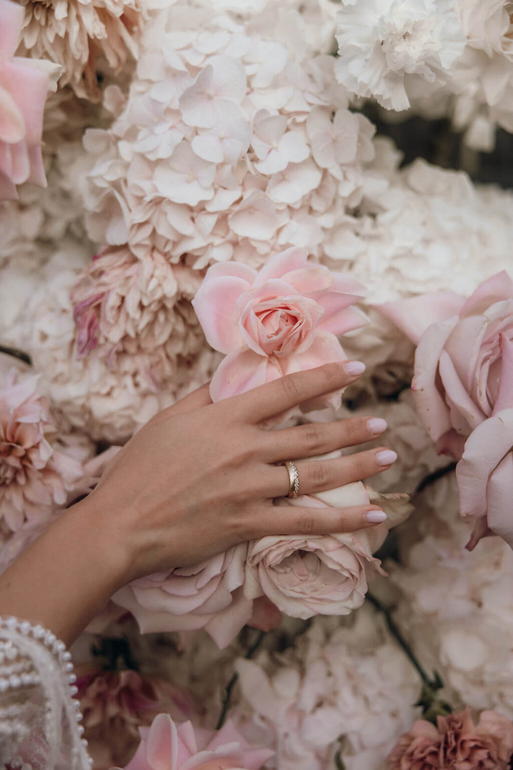 bride touching pink roses