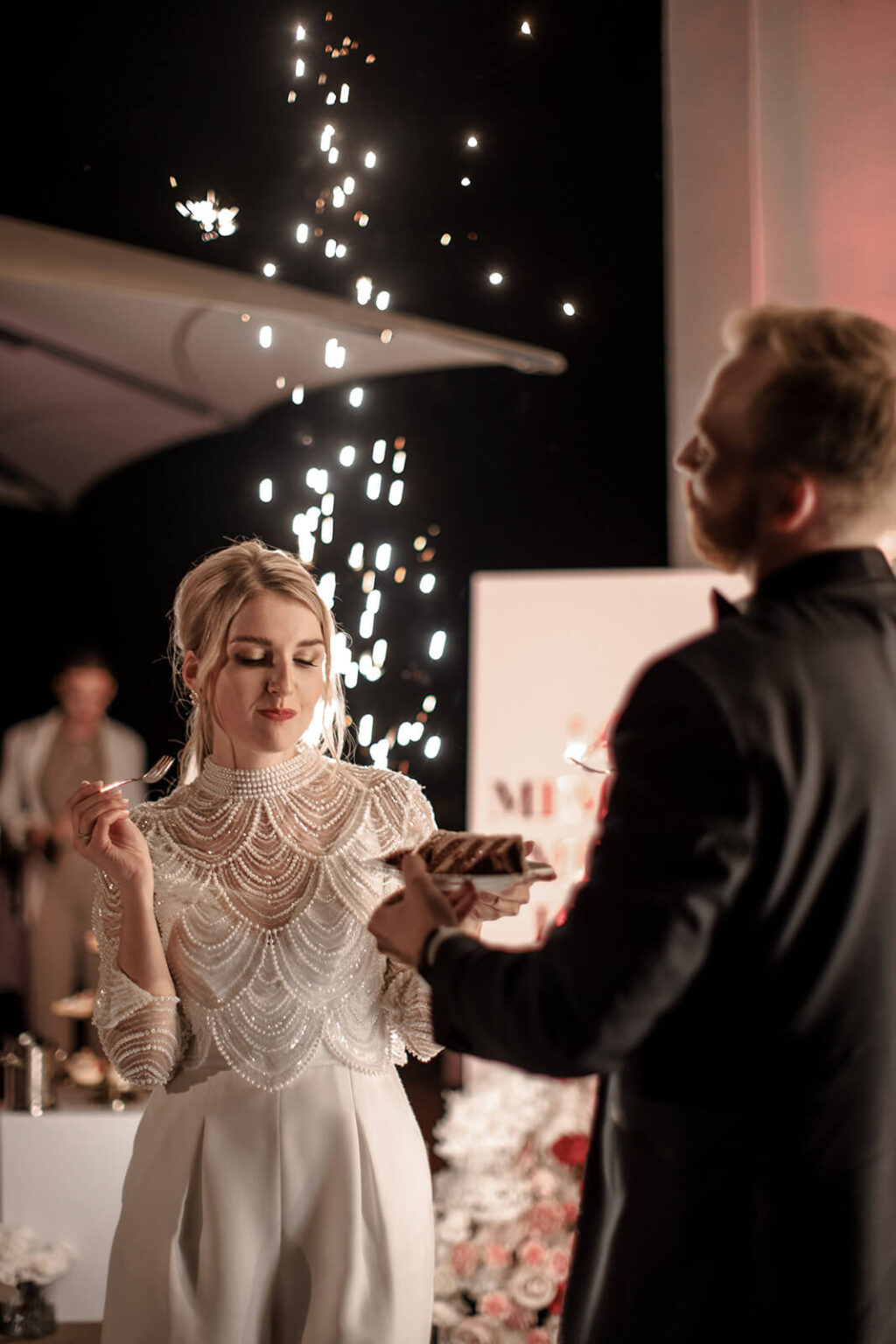wedding couple cake cutting fireworks celebration